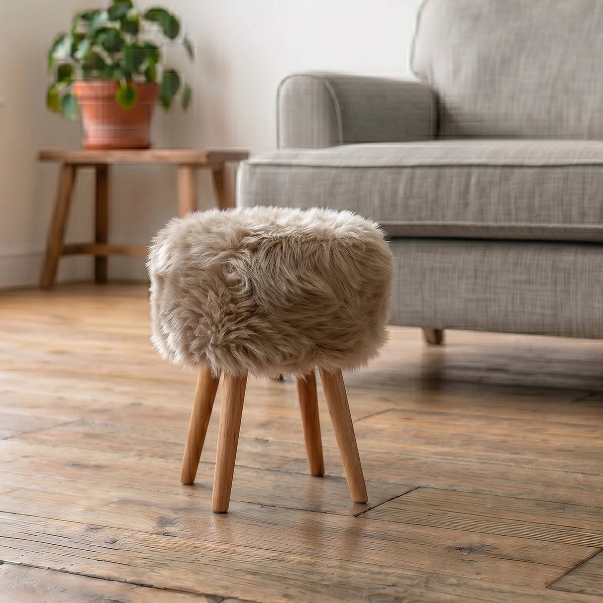 Champagne Sheepskin Stool - Wooden Legs
