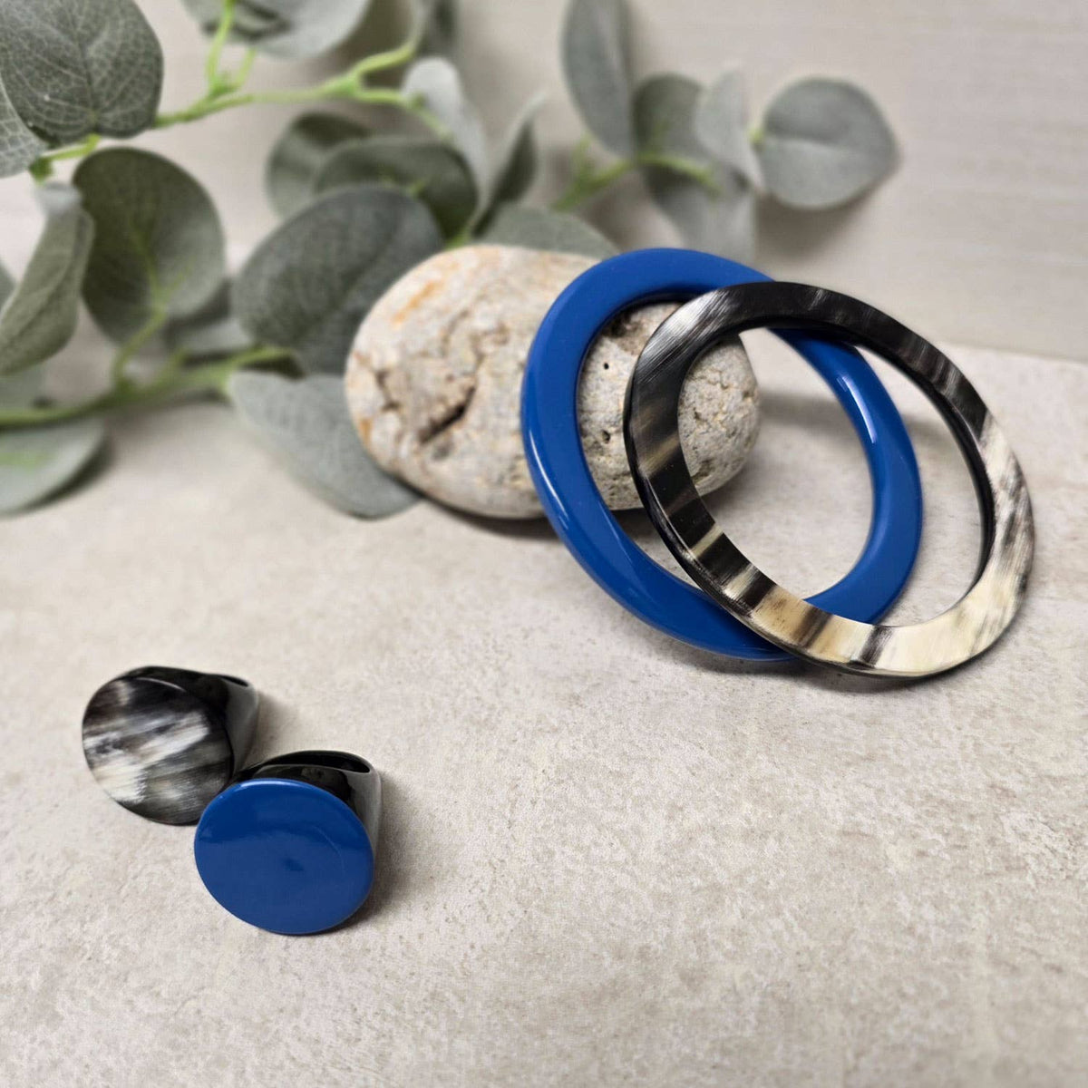 Handmade Bright Blue Round Horn Ring : M - Abhaile Interiors