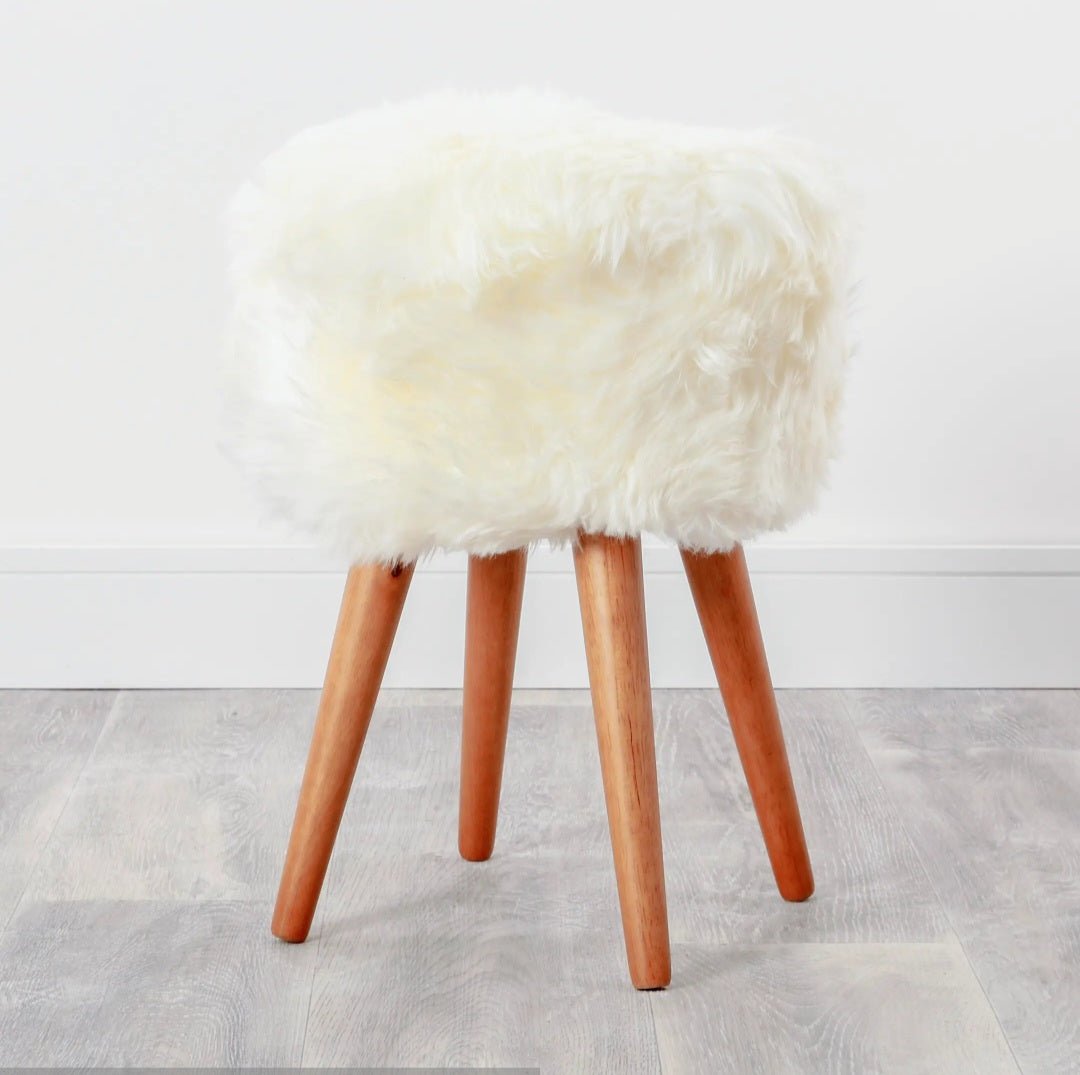 Natural Sheepskin Wood Stool - Abhaile Interiors